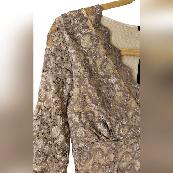 Y2K BCBG Dress‎ Lace Empire 3/4 Sleeve Brown Formal Metallic Fit Flare Short XS - Picture 4 of 11